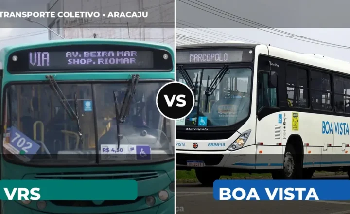 Montagem com ônibus da VRS e da Boa Vista, separados pela expressão VS