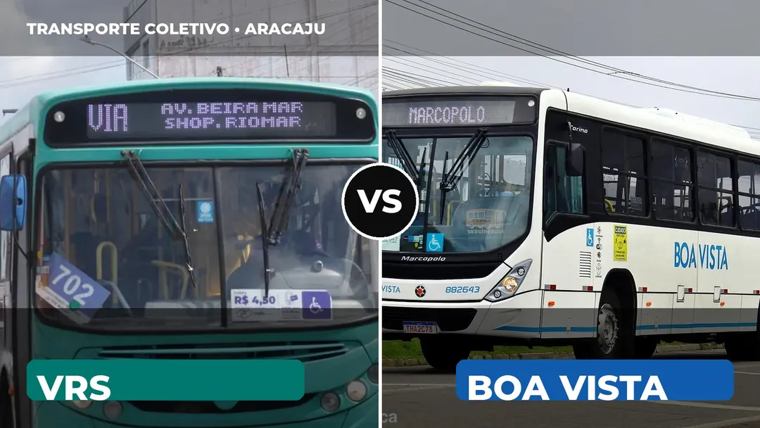 Montagem com ônibus da VRS e da Boa Vista, separados pela expressão VS
