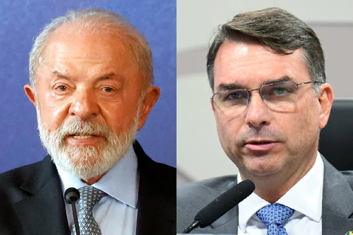 O presidente Luiz Inácio Lula da Silva; e o senador Flávio Bolsonaro (PL-RJ)