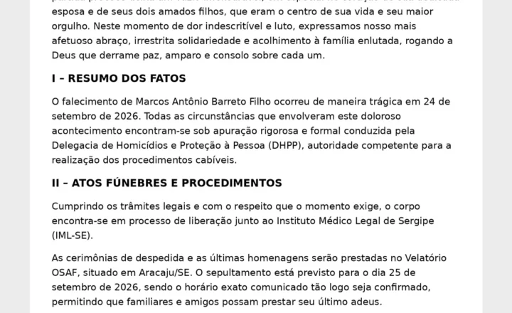 Nota oficial da defesa da família de Marcos Antônio Barreto Filho