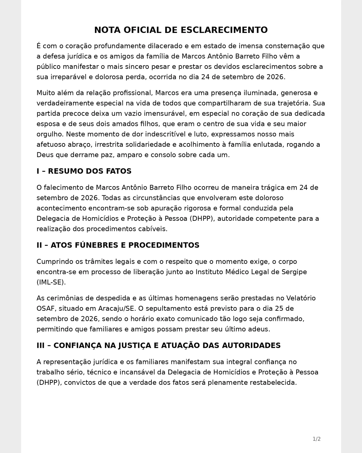 Nota oficial da defesa da família de Marcos Antônio Barreto Filho