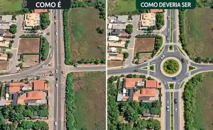 Comparativo do entroncamento da Rodovia dos Náufragos com a Rodovia Ecologista Chico Mendes: situação atual e proposta conceitual com rótula.