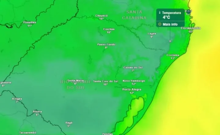 Mínimas ficam próximas de 0°C no Sul nos próximos dias.