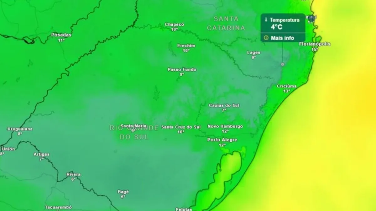 Mínimas ficam próximas de 0°C no Sul nos próximos dias.