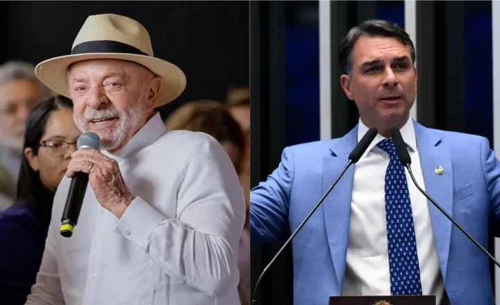 Lula, de chapéu de palha e camisa branca, fala ao microfone à esquerda; à direita, Flávio Bolsonaro, de terno azul e gravata, discursa em plenário