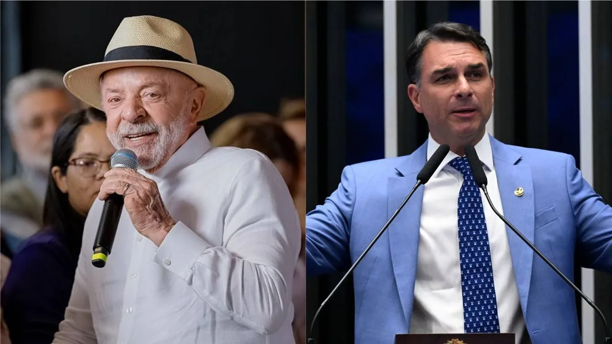 Lula, de chapéu de palha e camisa branca, fala ao microfone à esquerda; à direita, Flávio Bolsonaro, de terno azul e gravata, discursa em plenário