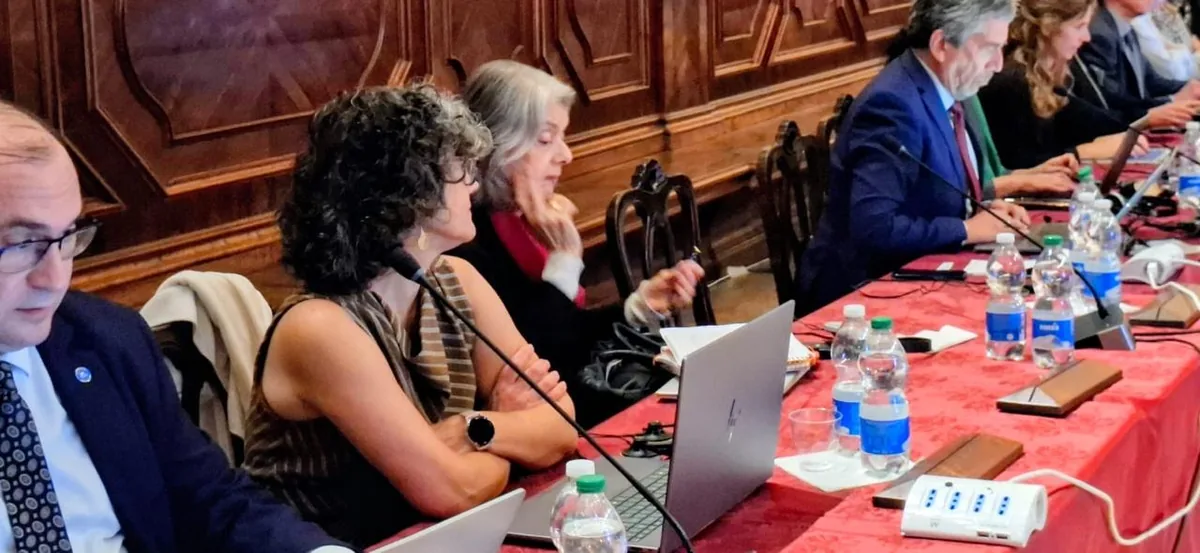 Fotografia da ministra Cármen Lúcia participando da reunião da subcomissão da Comissão de Veneza.