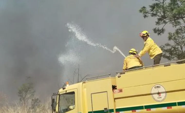 Brasília (DF), 09/10/2026 - Agentes do Corpo de Bombeiros controlam incêndio em área de mata na UnB. Foto: Luiz Cláudio Ferreira/Agência Brasil