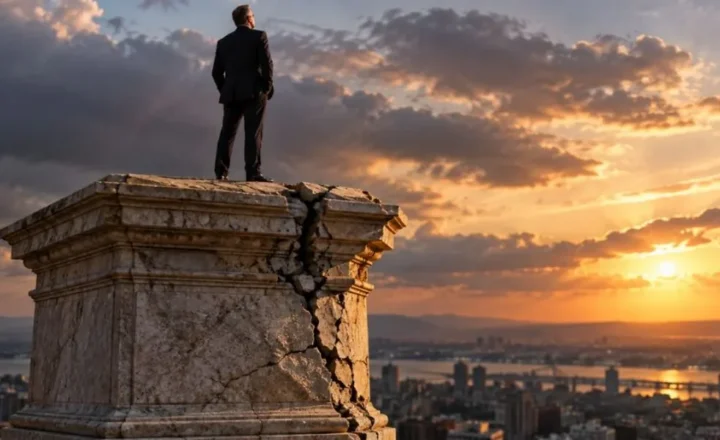 Executivo sobre pedestal rachado ao pôr do sol